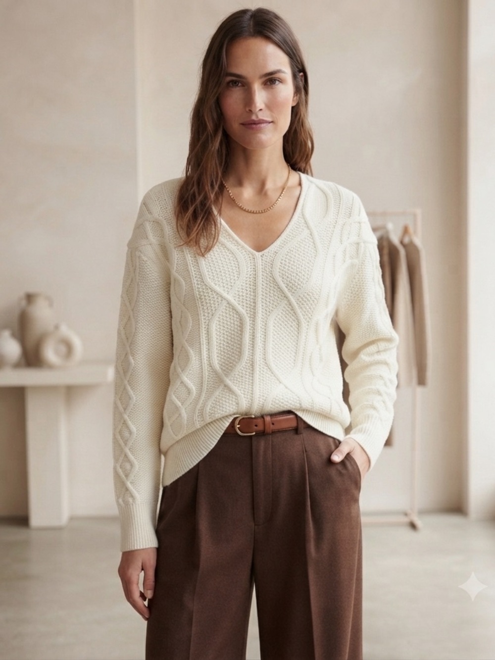 VINTAGE Bass Cream Cable-Knit V-Neck Sweater